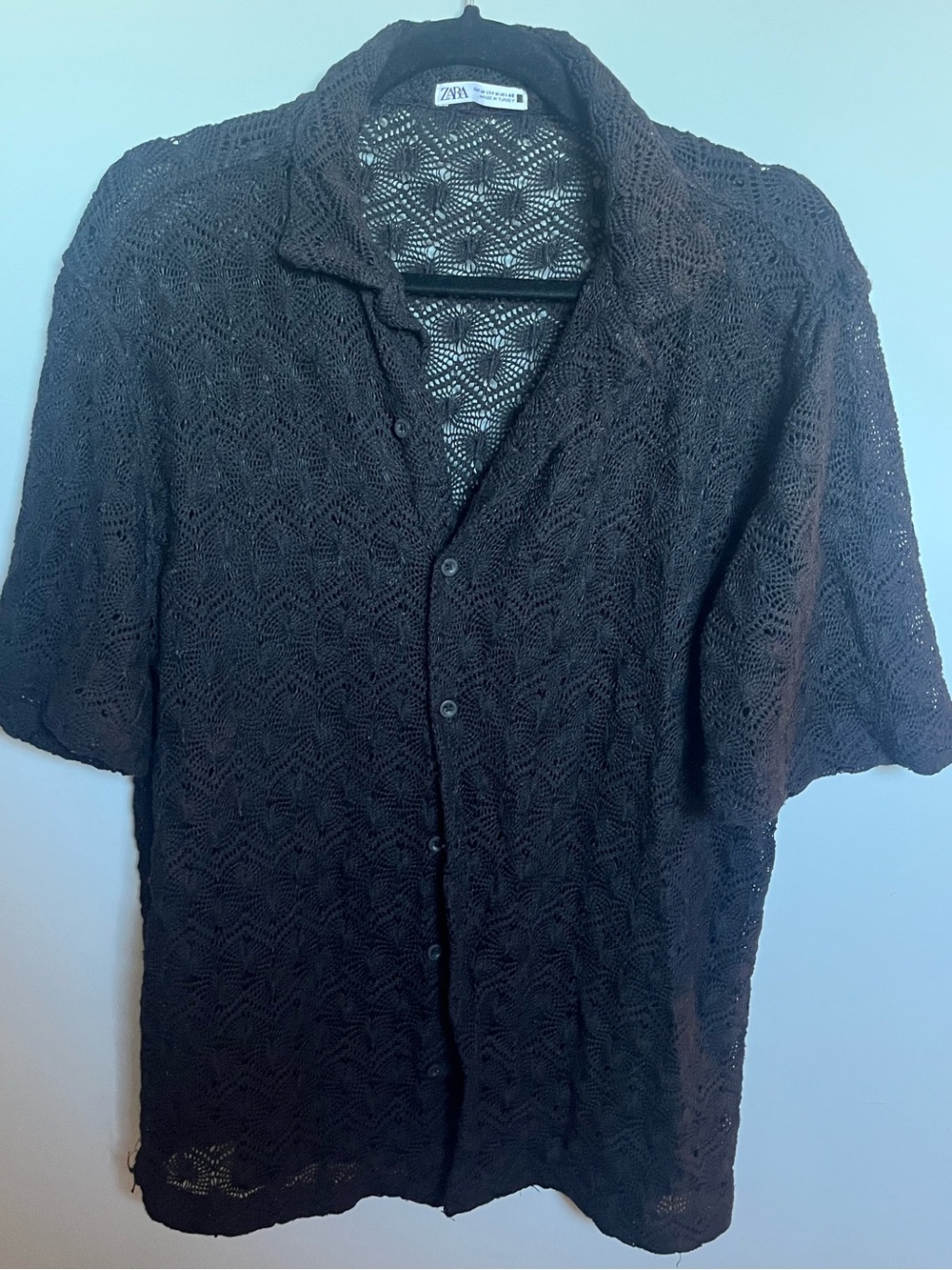 Zara Black Crochet Short-Sleeve Button-Down Shirt